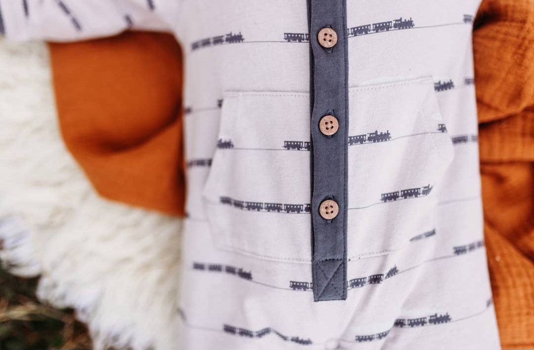 Raglan Long Leg Romper- Porpoise Trains