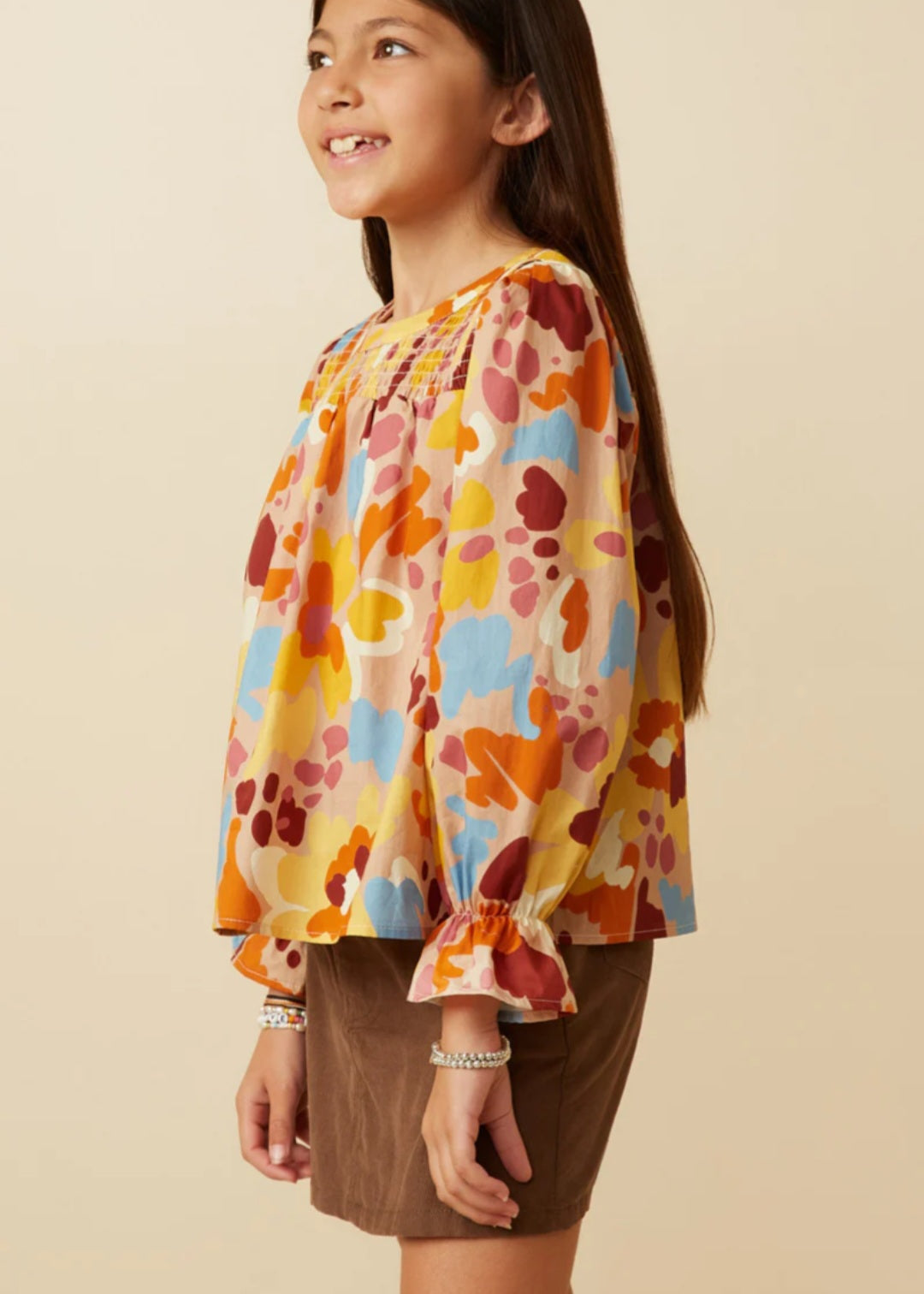 Abstract Floral Smocked Yoke Top