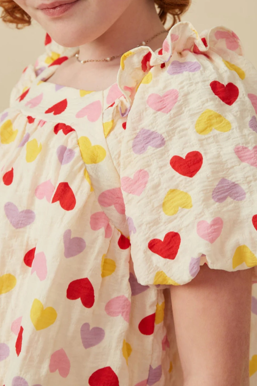 Textured Ruffle Detail Heart Print Top