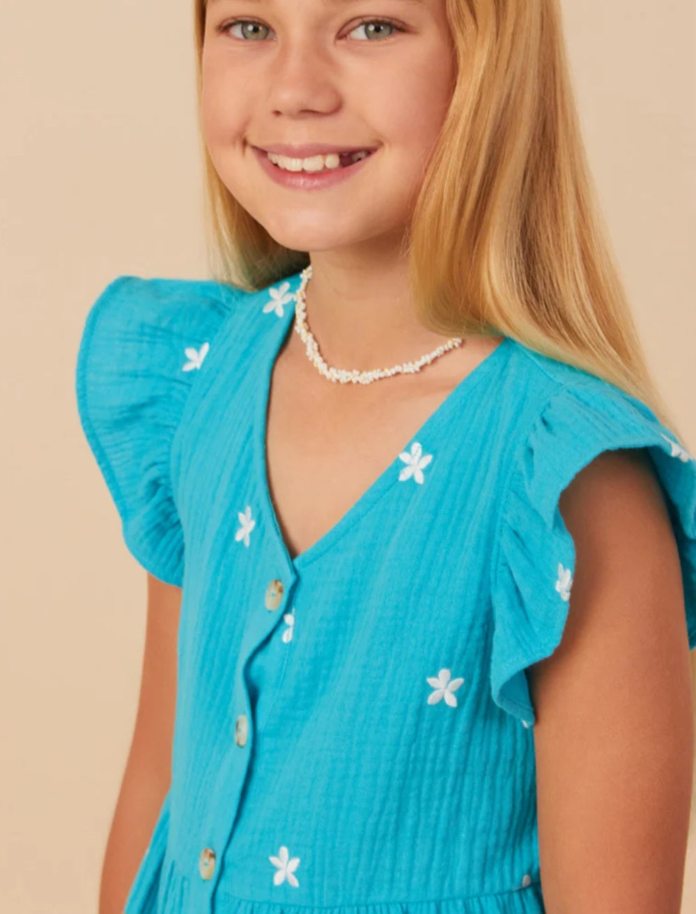 Gauze Textured Floral Embroidered Ruffle Top