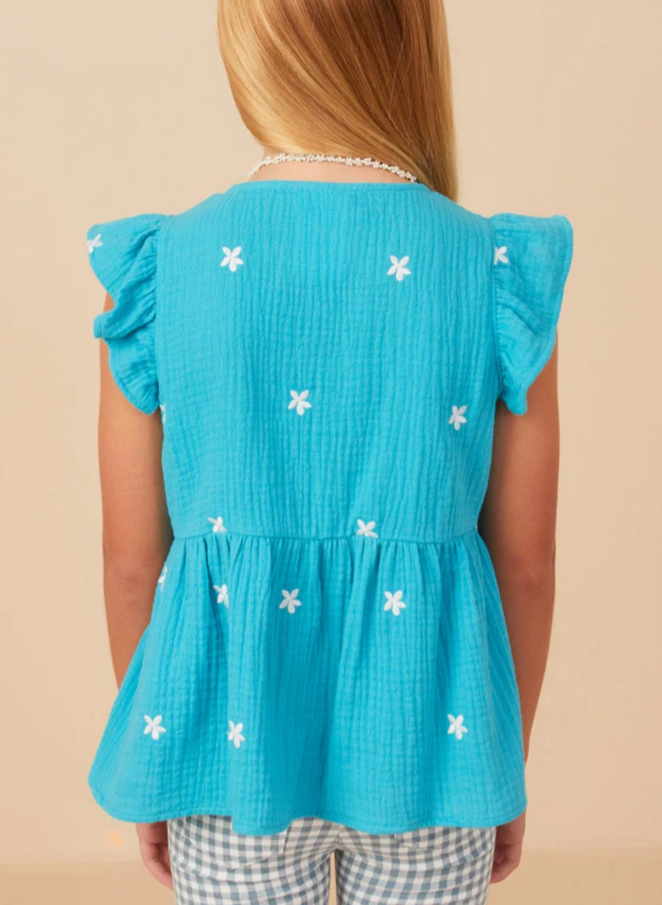Gauze Textured Floral Embroidered Ruffle Top