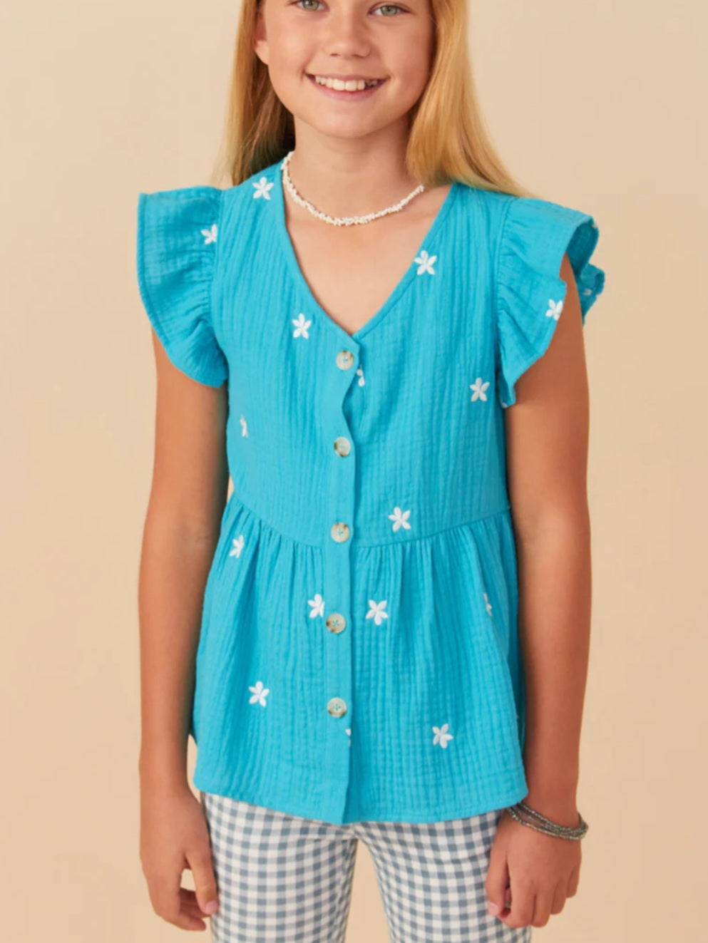 Gauze Textured Floral Embroidered Ruffle Top