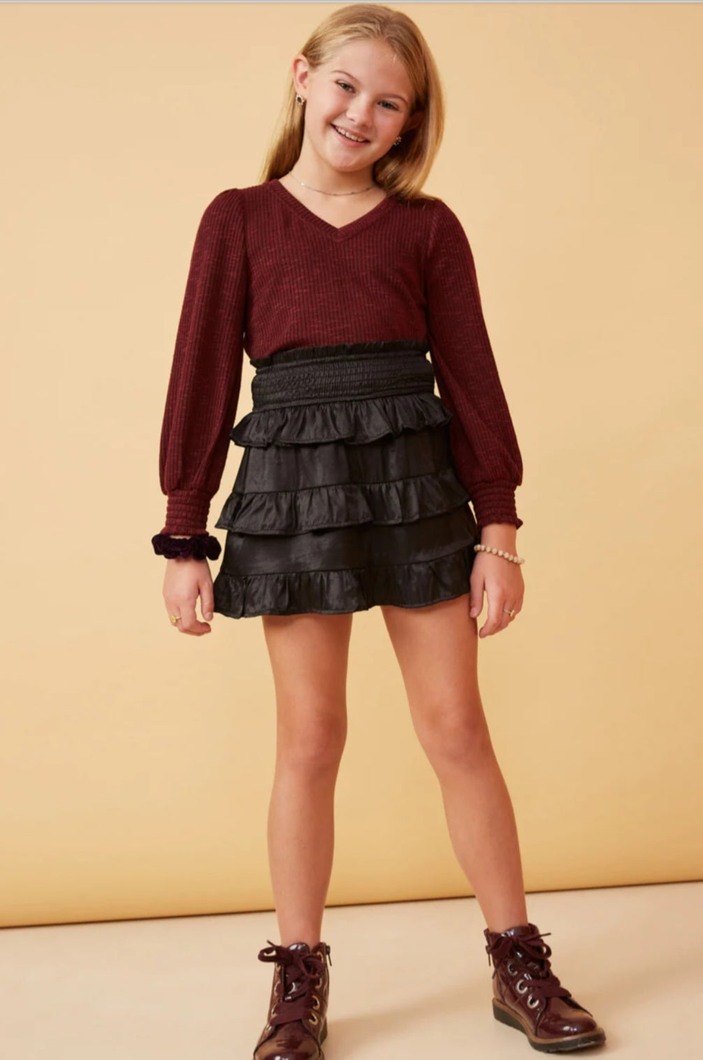 Marled Smocked Cuff Ribbed Knit Top