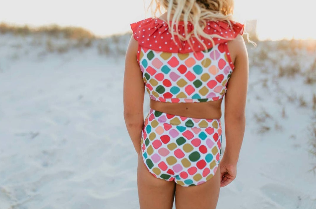 Rust Rainbow Dot Ruffle Two Piece Swimsuit