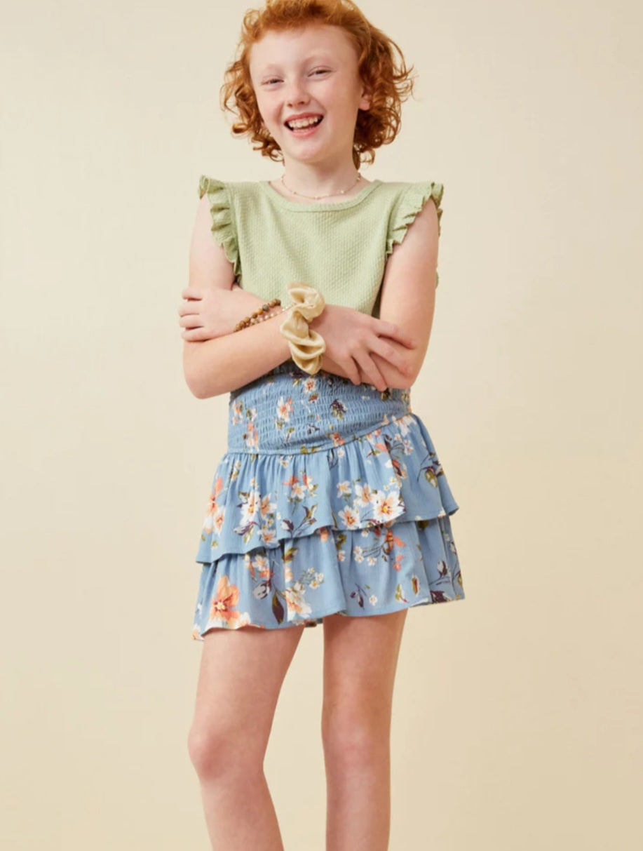 Blue Floral Tiered Skirt