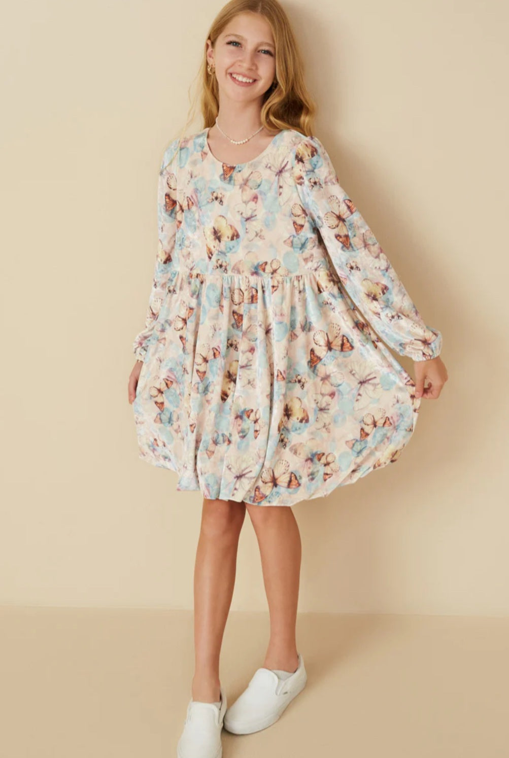 Velvet Long Sleeve Butterfly Print Dress