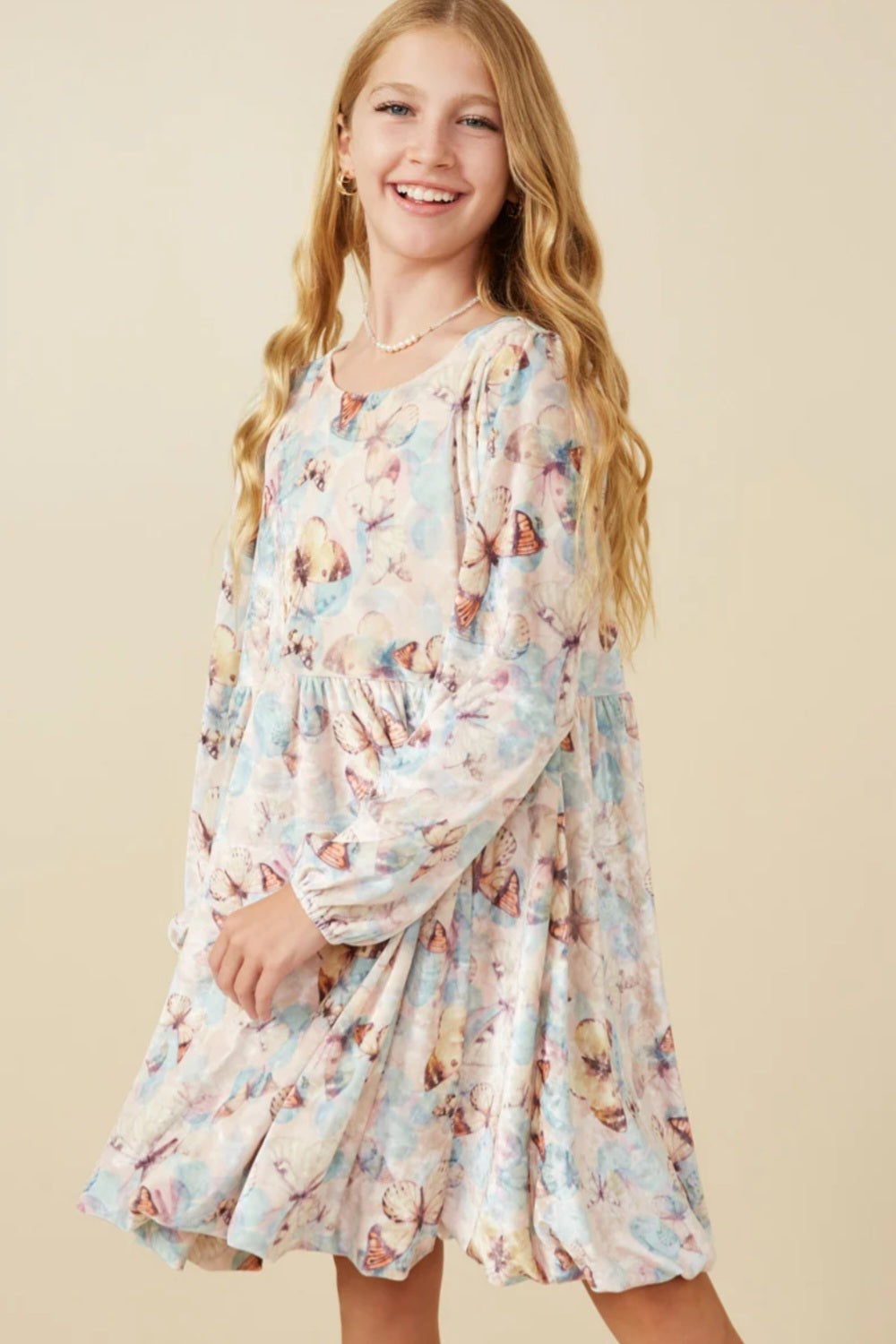 Velvet Long Sleeve Butterfly Print Dress