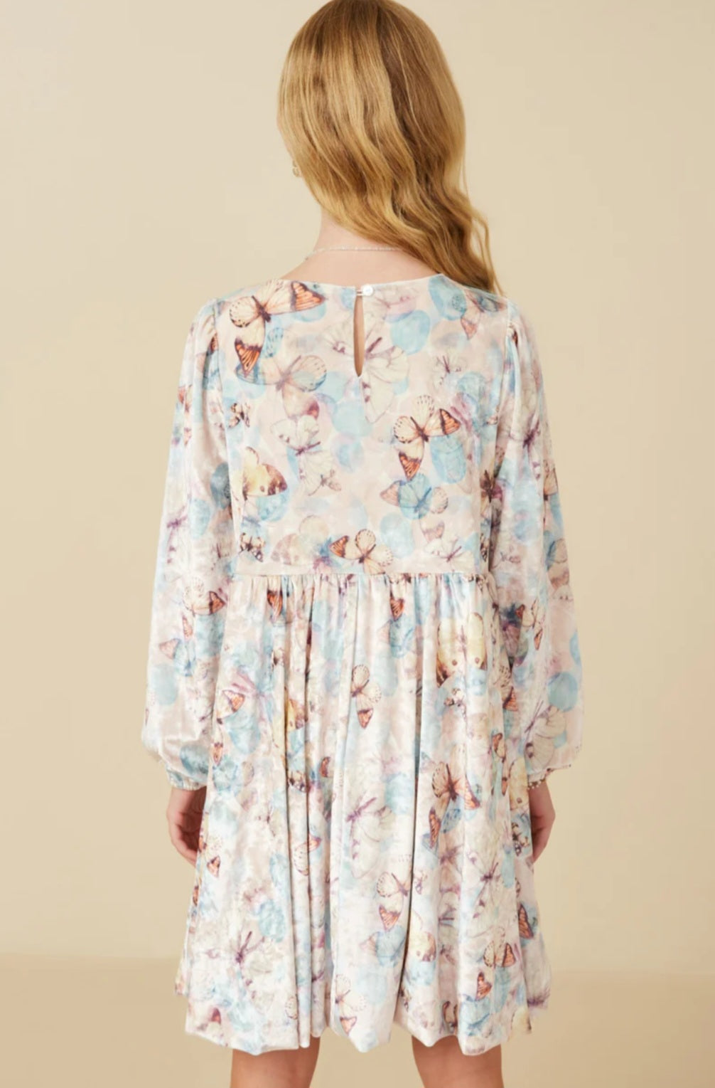 Velvet Long Sleeve Butterfly Print Dress