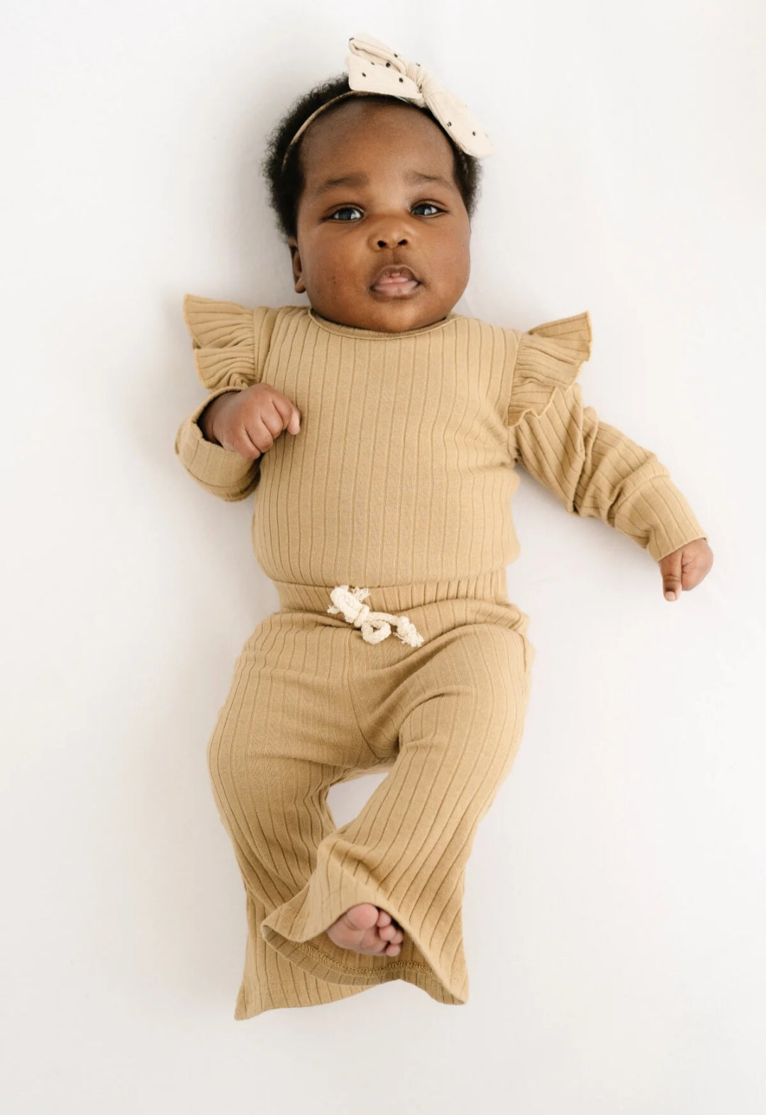 Camel Ribbed Flutter Bodysuit Set