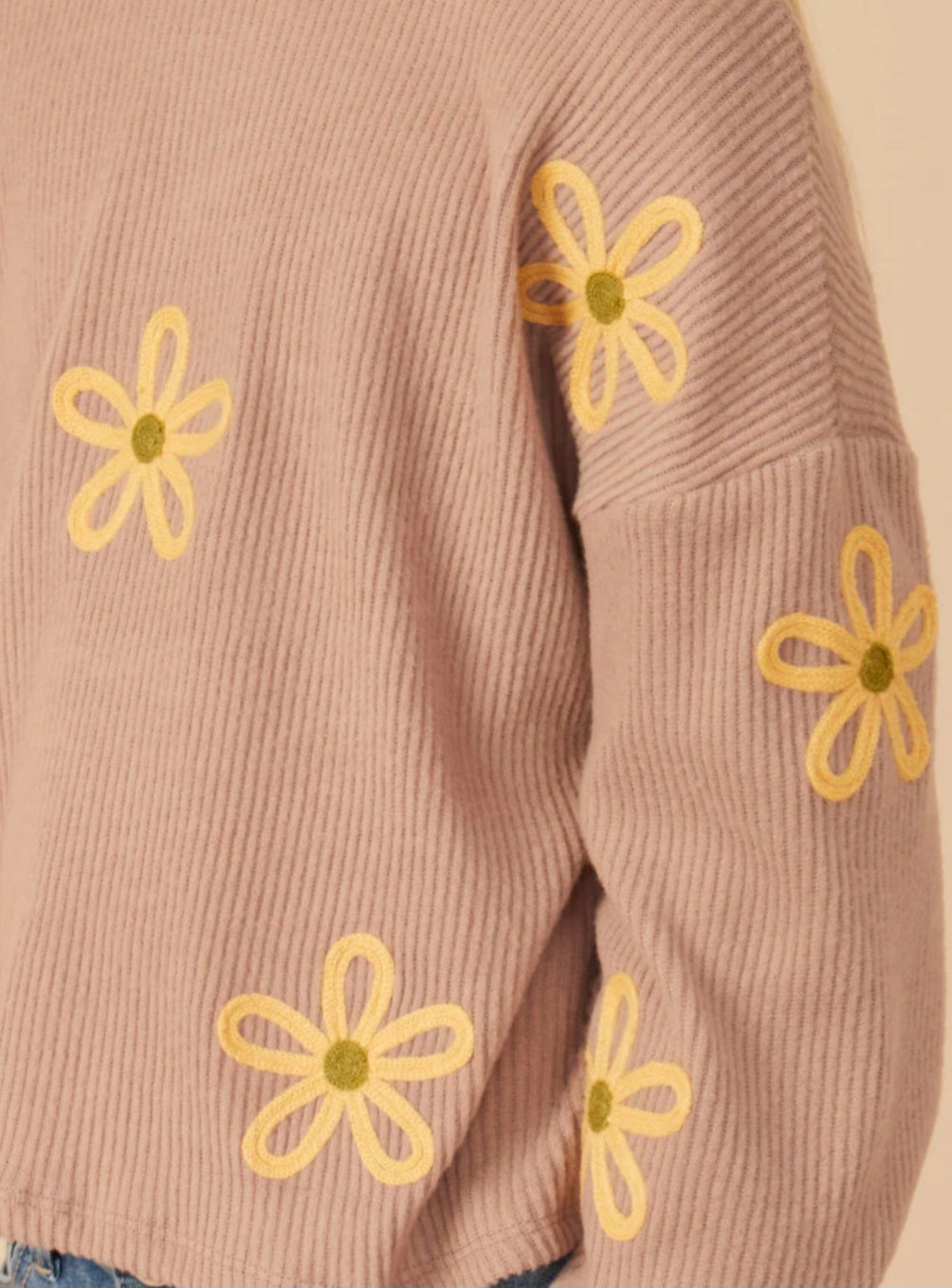 Brushed Rib Knit Embroidered Daisy Top