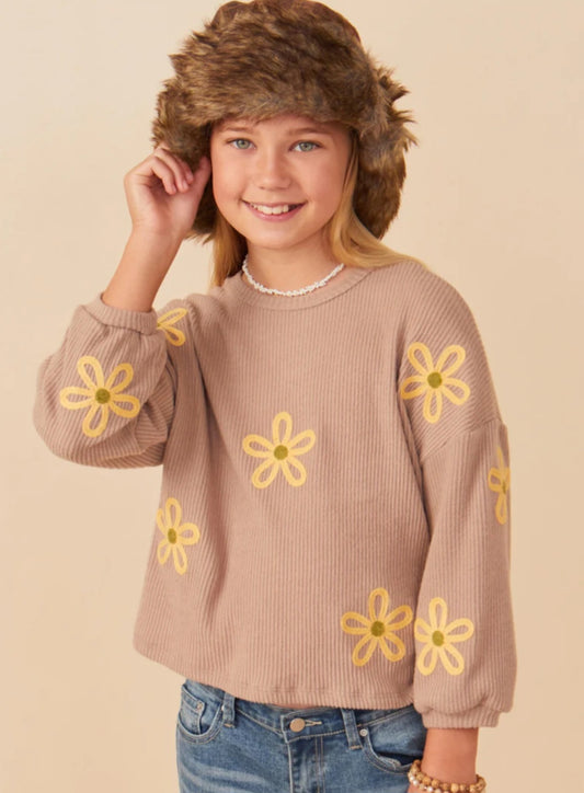 Brushed Rib Knit Embroidered Daisy Top