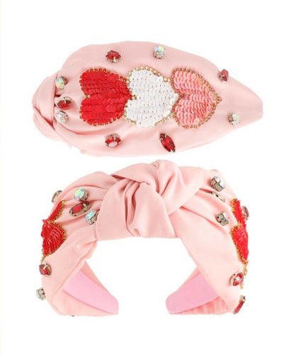Valentine's Day Sequin Hearts Top Knotted Headband