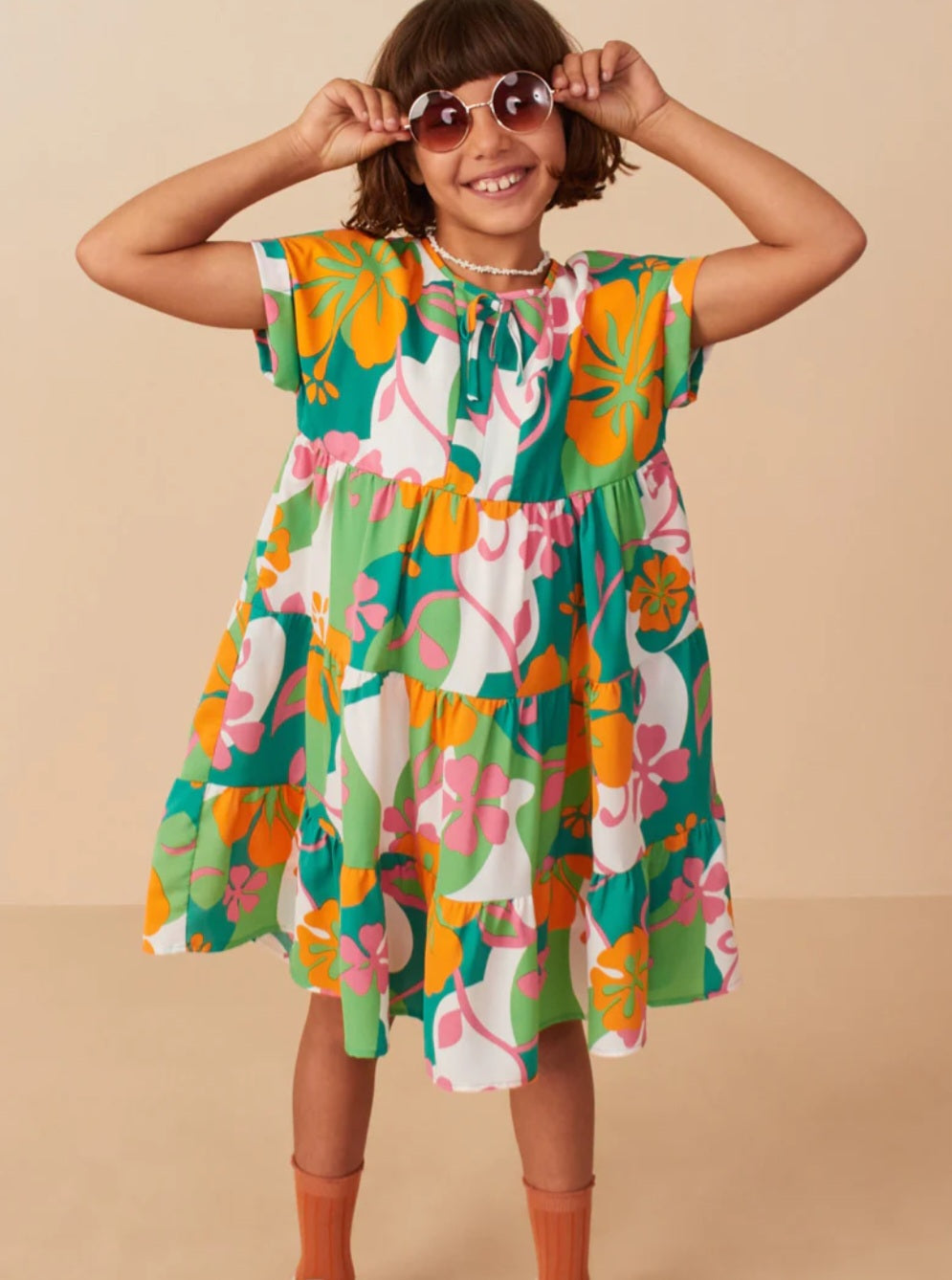 Vibrant Floral Print Tie Detail Tiered Dress