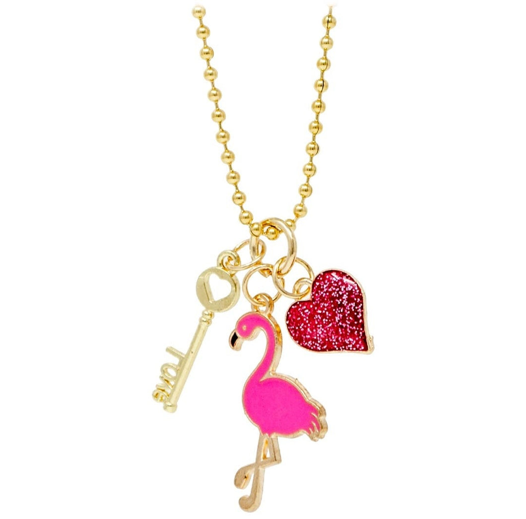 Flamingo, Heart & Key Gold Charm necklace