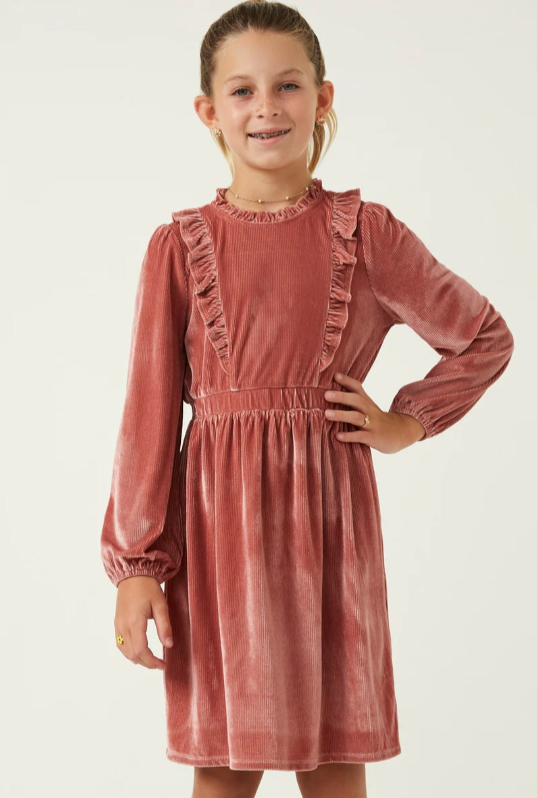 Velvet Corduroy Ruffled Balloon Sleeve Dress