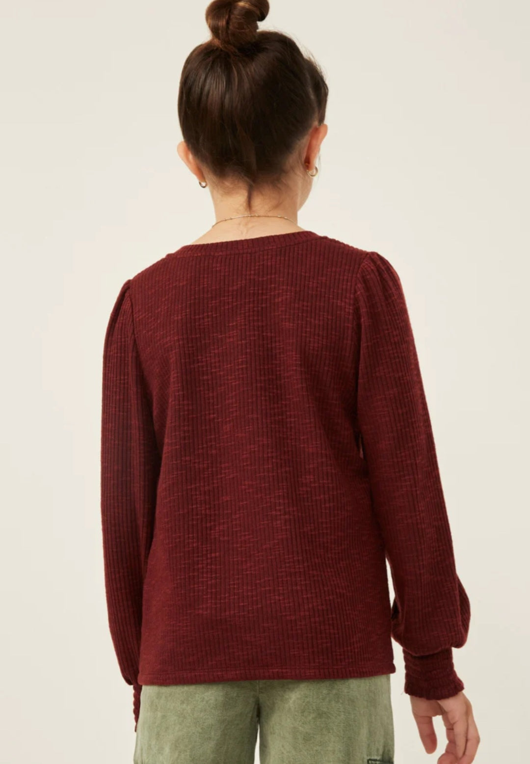 Marled Smocked Cuff Ribbed Knit Top