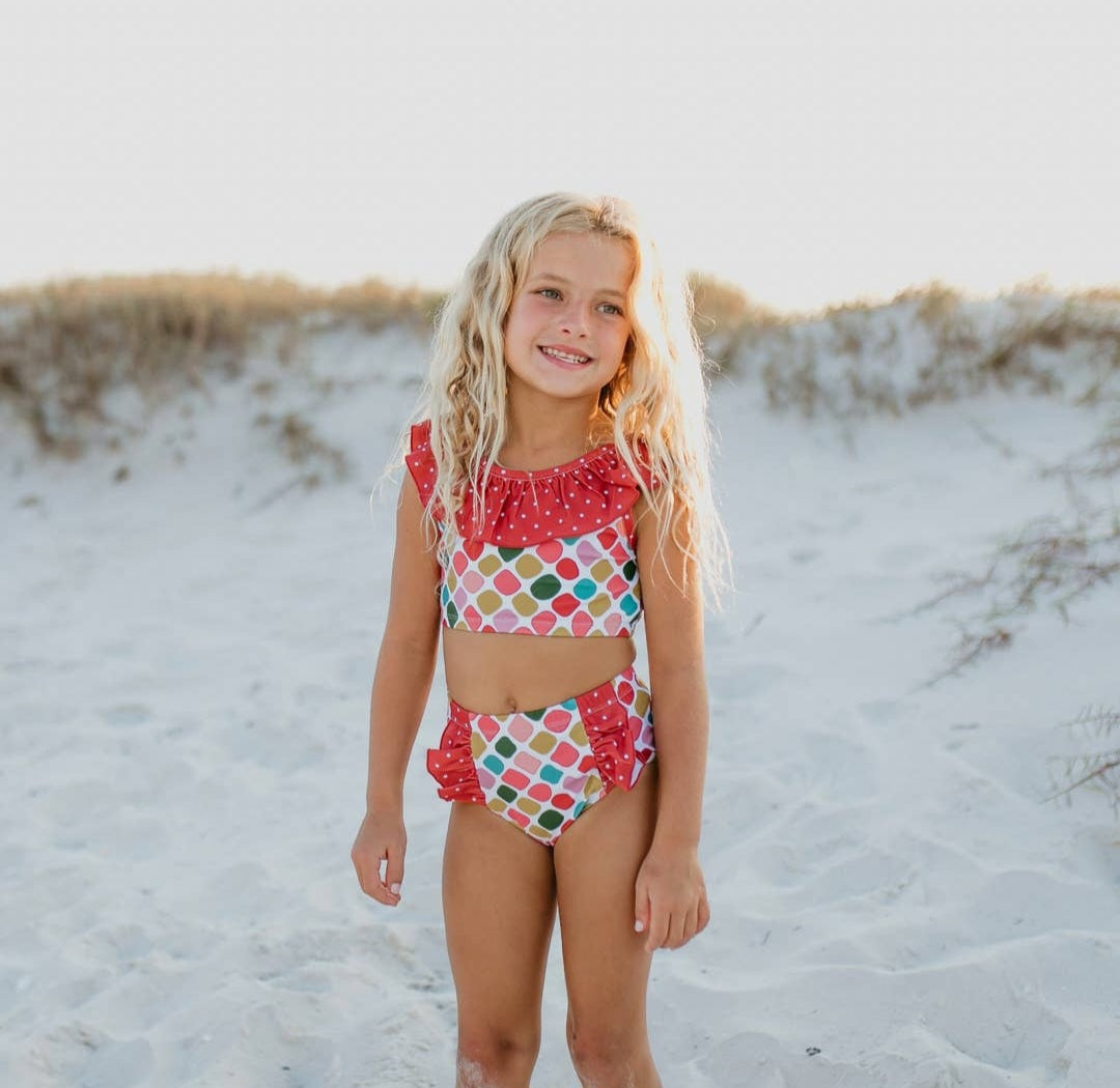 Rust Rainbow Dot Ruffle Two Piece Swimsuit