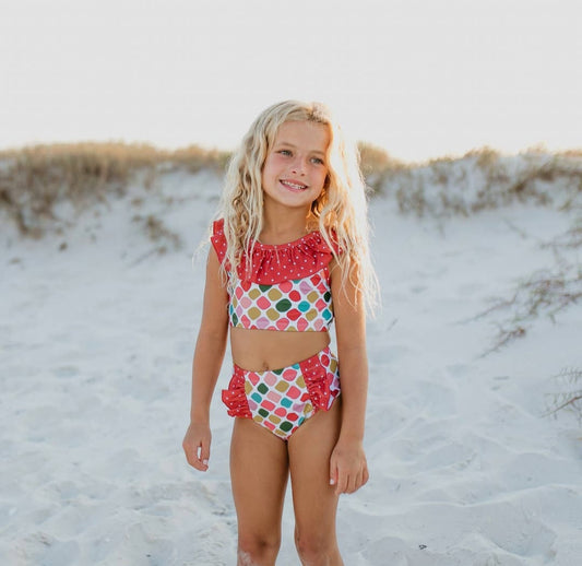 Rust Rainbow Dot Ruffle Two Piece Swimsuit