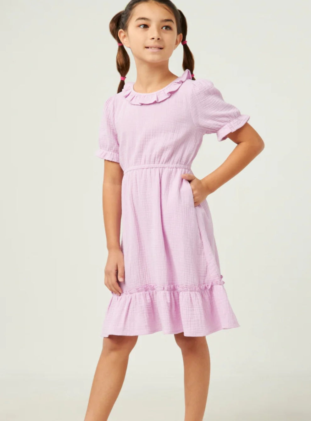 Textured Ruffle Bib Cinch Sleeve Dress