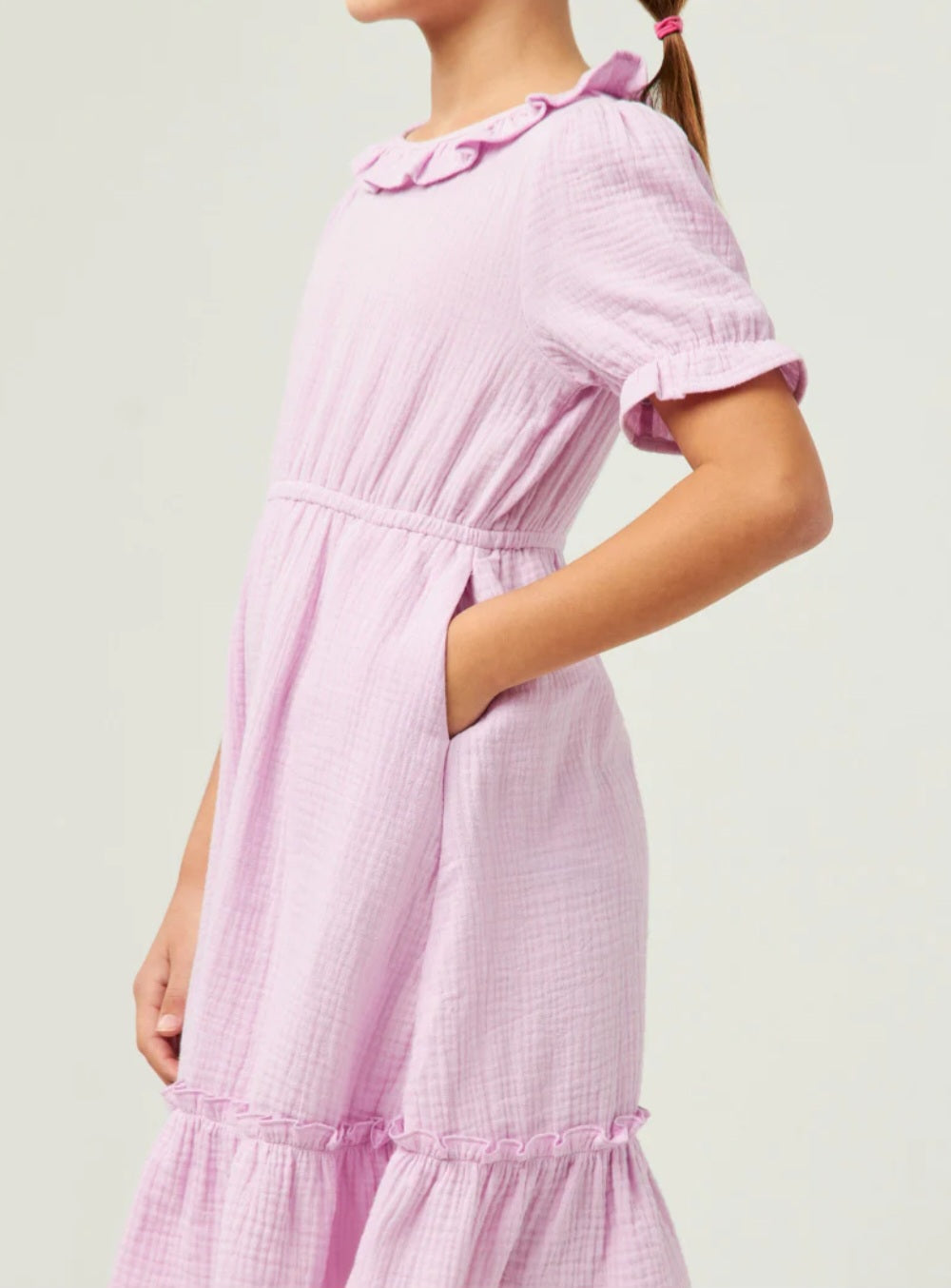 Textured Ruffle Bib Cinch Sleeve Dress